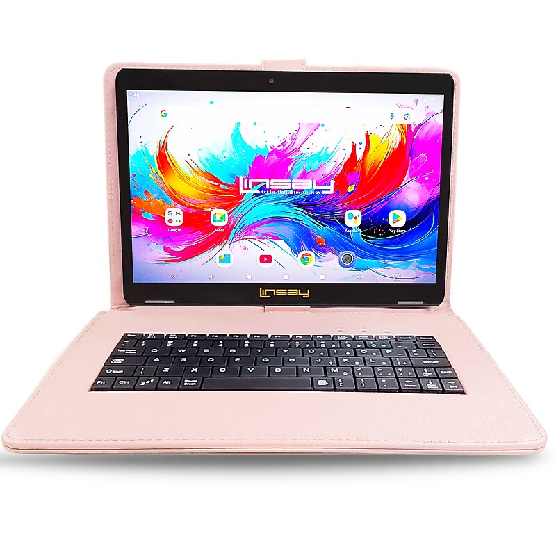 LINSAY F10 Series 10.1" Tablet, Wi-Fi, Octa Core, 256GB eMMC, Android 15, Pink Keyboard Case (F10IPGKEYPINPLUS) image 1