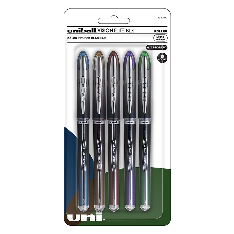 uniball Vision Elite BLX Rollerball Pens, Micro Point, 0.5mm, Assorted Ink, 5/Pack (1832410) image 1