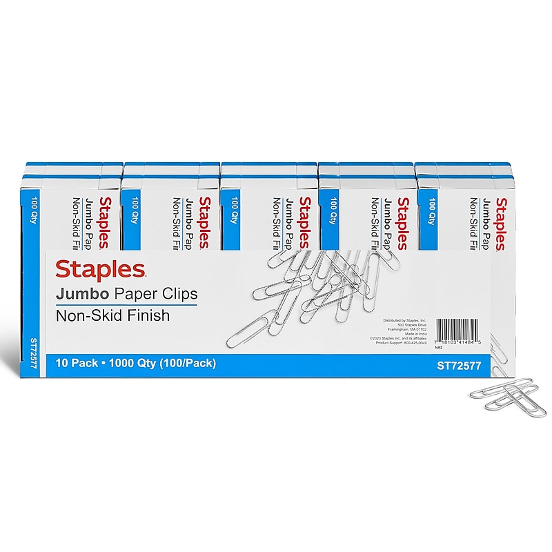 Staples Jumbo Paper Clips, Silver, 1000 Clips/Pack, 10/Pack(A7026606/72577) image 1