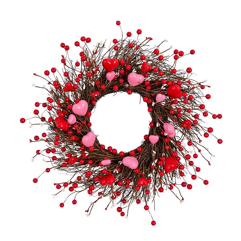 Nearly Natural 18-in Artificial Valentine-fts Day Heart & Berry Twig Wreath (W1412) image 1