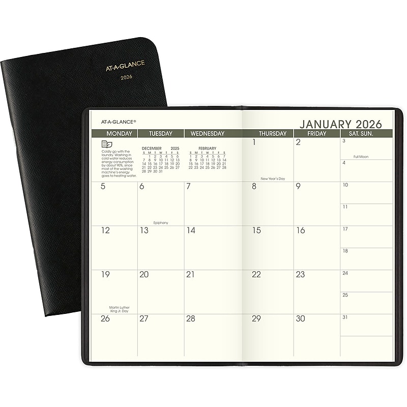 2026-2027 AT-A-GLANCE Recycled 3.5" x 6" Calendar Year Monthly Planner, Faux Leather Cover, Black (70-024G-05-26) image 1