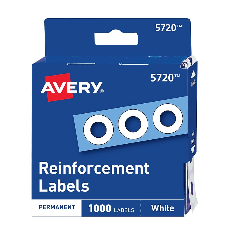 Avery Self-Adhesive Plastic Reinforcement Labels in Dispenser, 1/4" Diameter, Matte White, 1000/Pack (5720) image 1