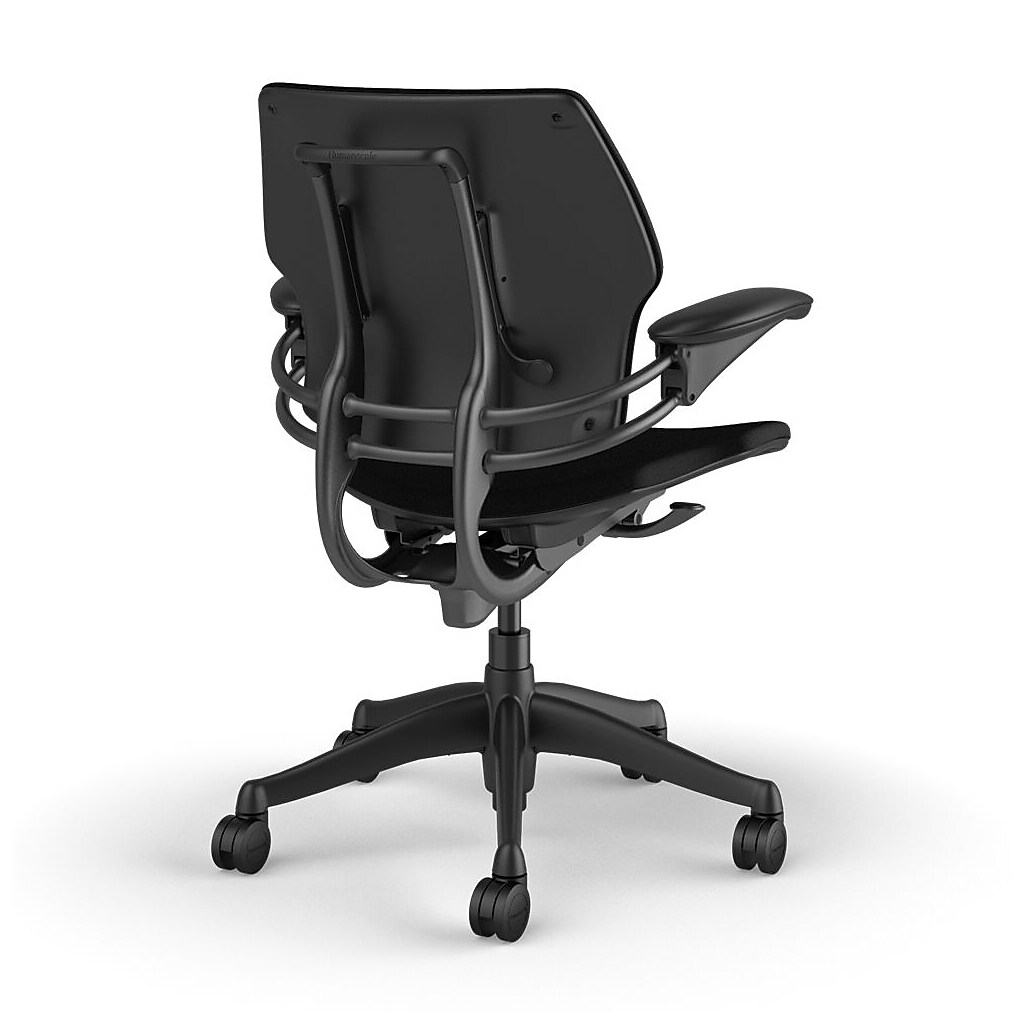 Rear view of black fabric task chair showing backrest and frame