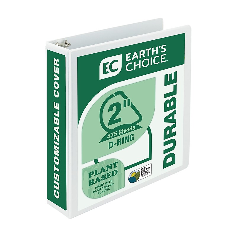 Samsill Earth's Choice Plant-Based  Durable 2" View Binders, D-Ring, Made in USA, White (16967) image 1