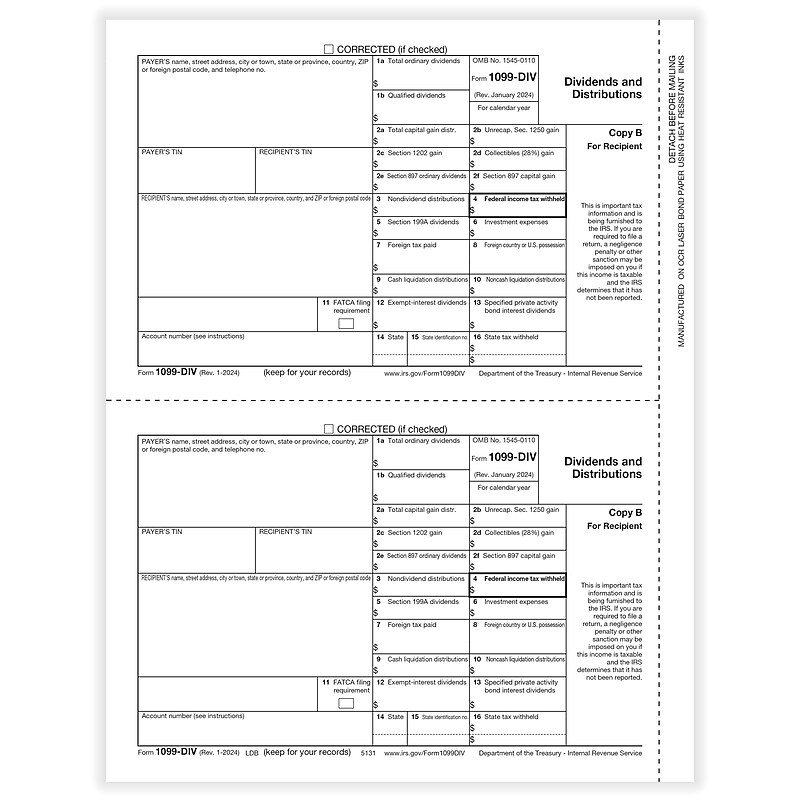 ComplyRight 2024 1099-DIV Tax Form, 1-Part, 2-Up, Recipient Copy B, 50/Pack (513150) image 1