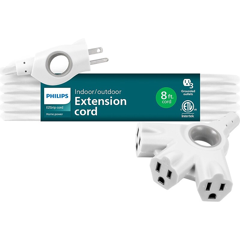 Philips EZ Grip 8' Indoor/Outdoor Extension Cord, 3-Outlet, 16 AWG, White (SPC3183EZT1/37) image 1