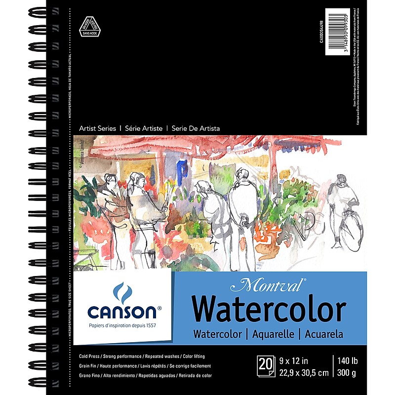 Canson Artist Series 9" x 12" Wire Bound Watercolor Sketch Pad, 20 Sheets/Pad (MCXC400054498) image 1