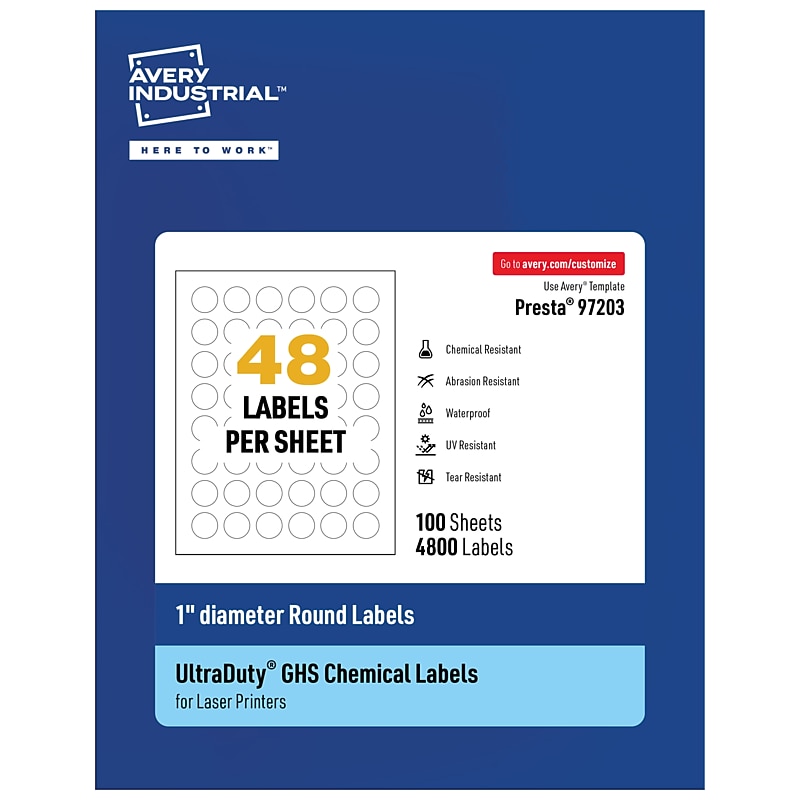 Avery UltraDuty Laser Circle Multipurpose Labels, 1" Dia., White, 4800 Labels/Box ( 97203) image 1