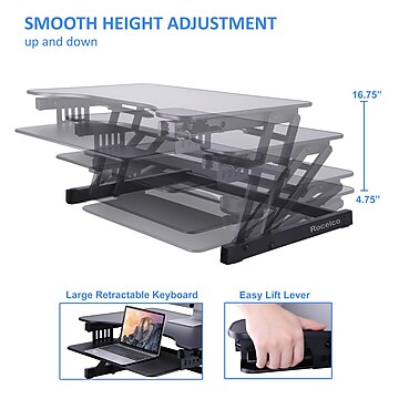 Rocelco 32" Height Adjustable Standing Desk Converter, Sit Stand Up Retractable Keyboard Riser, Black (R ADRB)