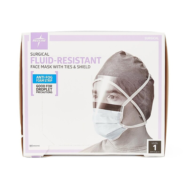 Medline ASTM L1 Surgical Mask with Anti-Fog Eye Shield with Ties, Blue, 25/Box, 4 Boxes/Carton (NON27405) image 1