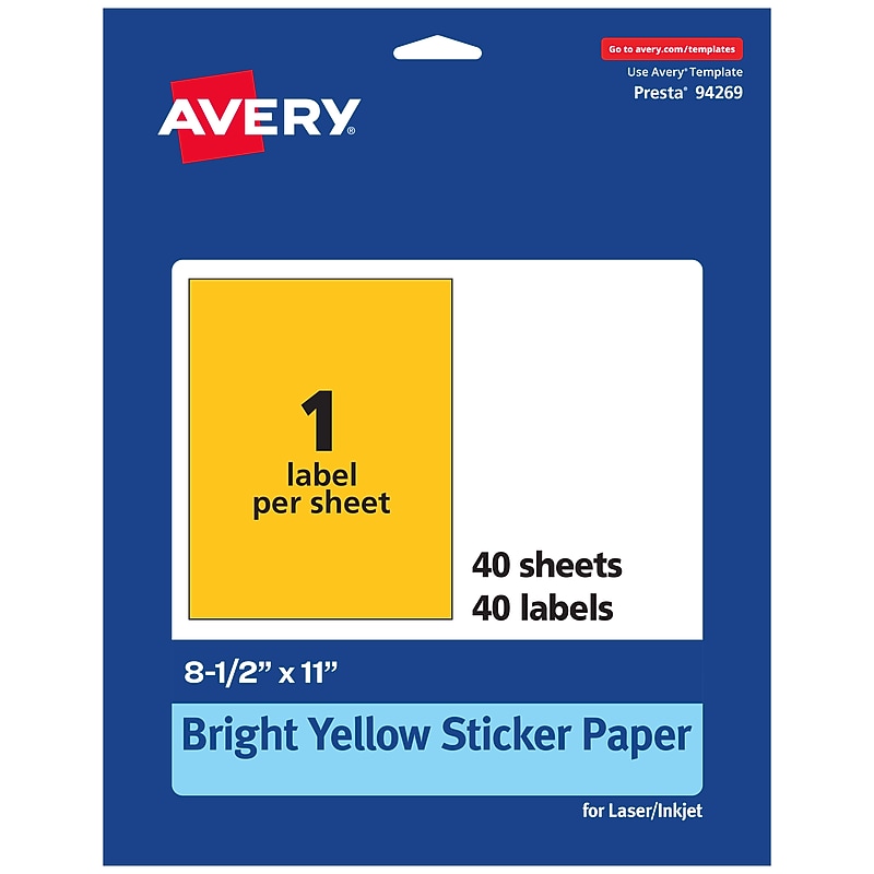 Avery Laser/Inkjet Rectangle Multipurpose Labels, 8.5" x 11", Bright Yellow, 40/Pack (94269) image 1