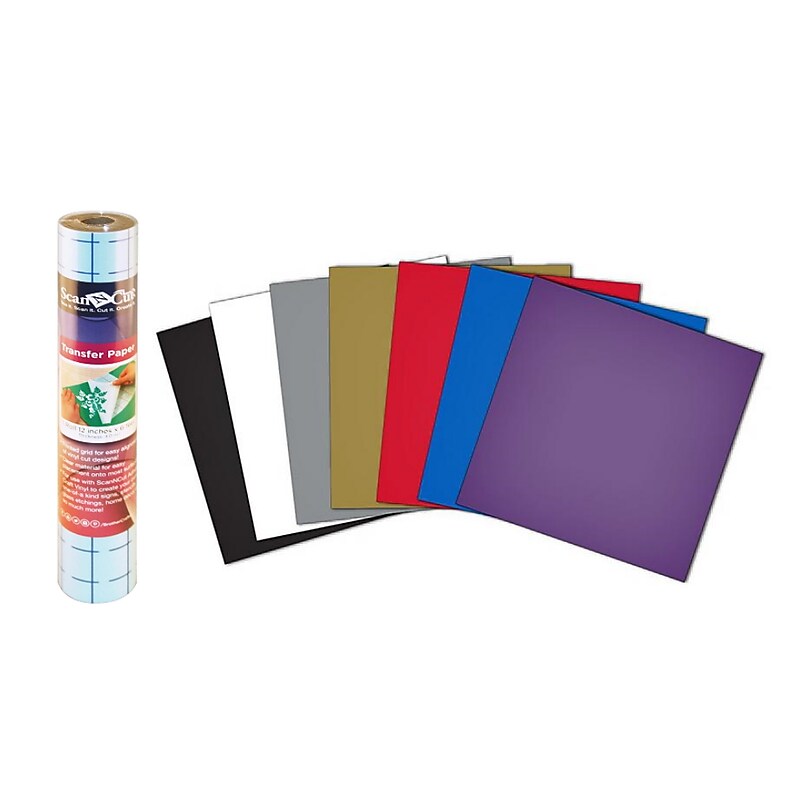 Brother ScanNCut Vinyl Transfer Tape with Grid, 12" x 6' Roll, and Adhesive Craft Vinyl Multipack, 10 Sheets image 1