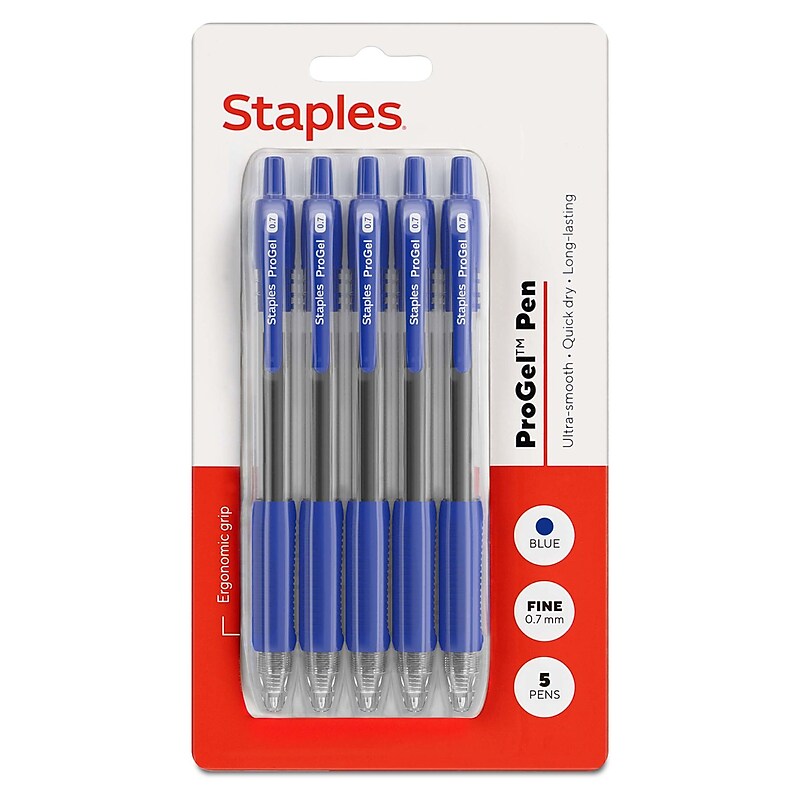 Staples ProGel™ Retractable Gel Pen, Fine Point, 0.7mm, Blue Ink, 5/Pack (ST62099) image 1