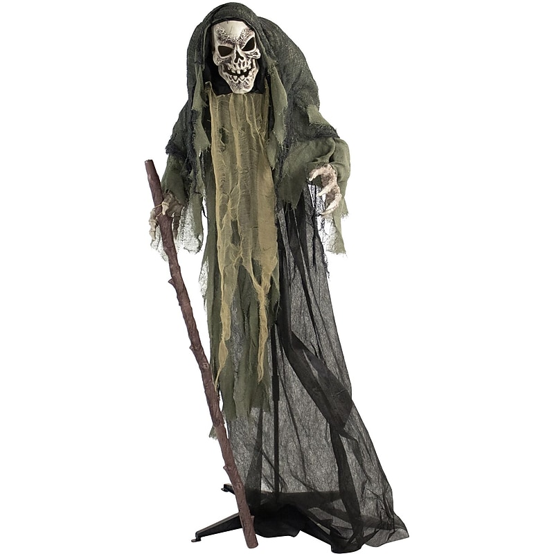 Haunted Hill Farm Life-Size Animatronic Skeleton Reaper Holding Staff (HHSKEL-7FLSA) image 1