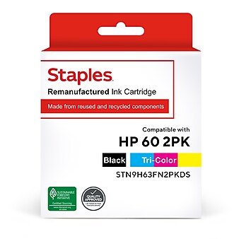 Staples Remanufactured Black/Tri-Color Standard Yield Ink Cartridge Replacement for HP 60 (TRN9H63FN2PKDS/STN9H63FN2PK), 2/Pack