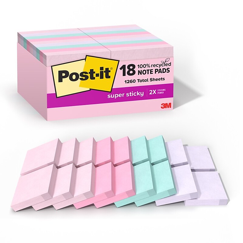 Post-it Recycled Super Sticky Pop-up Notes, 1 7/8" x 1 7/8", Wanderlust Pastels Collection, 70 Sheet/Pad, 18 Pads/Pack image 1