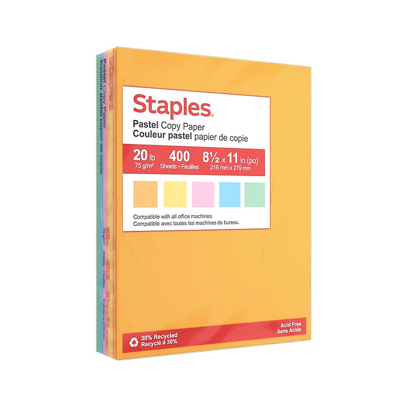 Staples Recycled Pastel Multipurpose Paper, 20 lbs., 8.5" x 11", Assorted Colors, 400 Sheets/Ream (14804) image 1