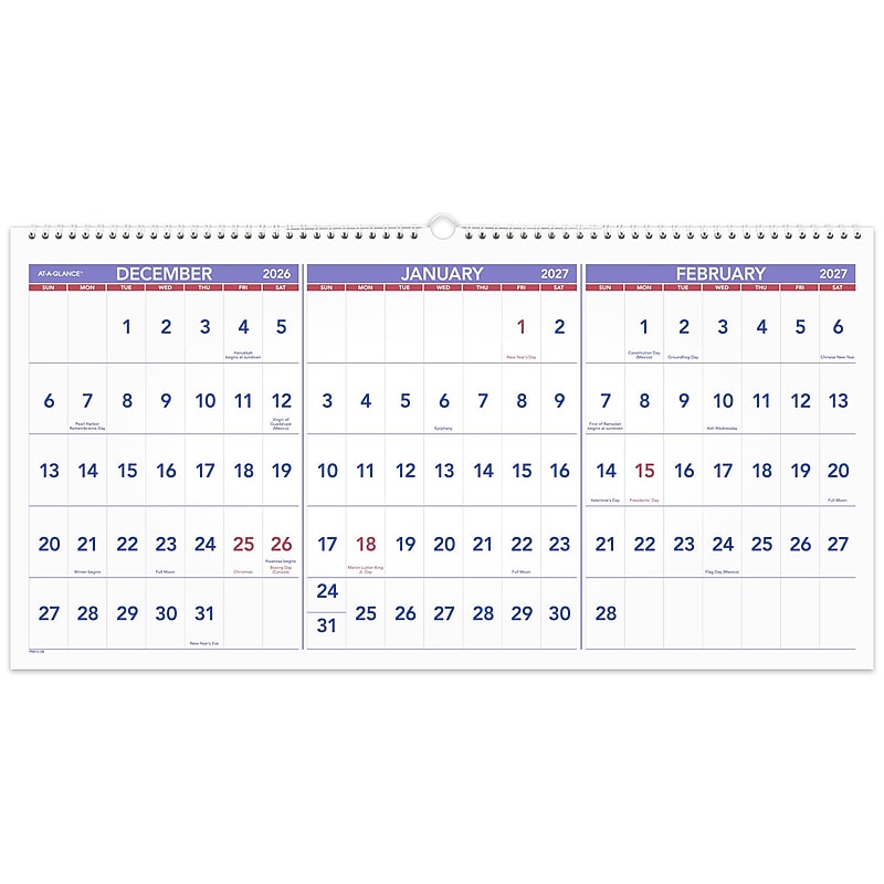 2026 -2028 AT-A-GLANCE 27" x 12" Three-Month Wall Calendar, White/Purple (PM14-28-27) image 1