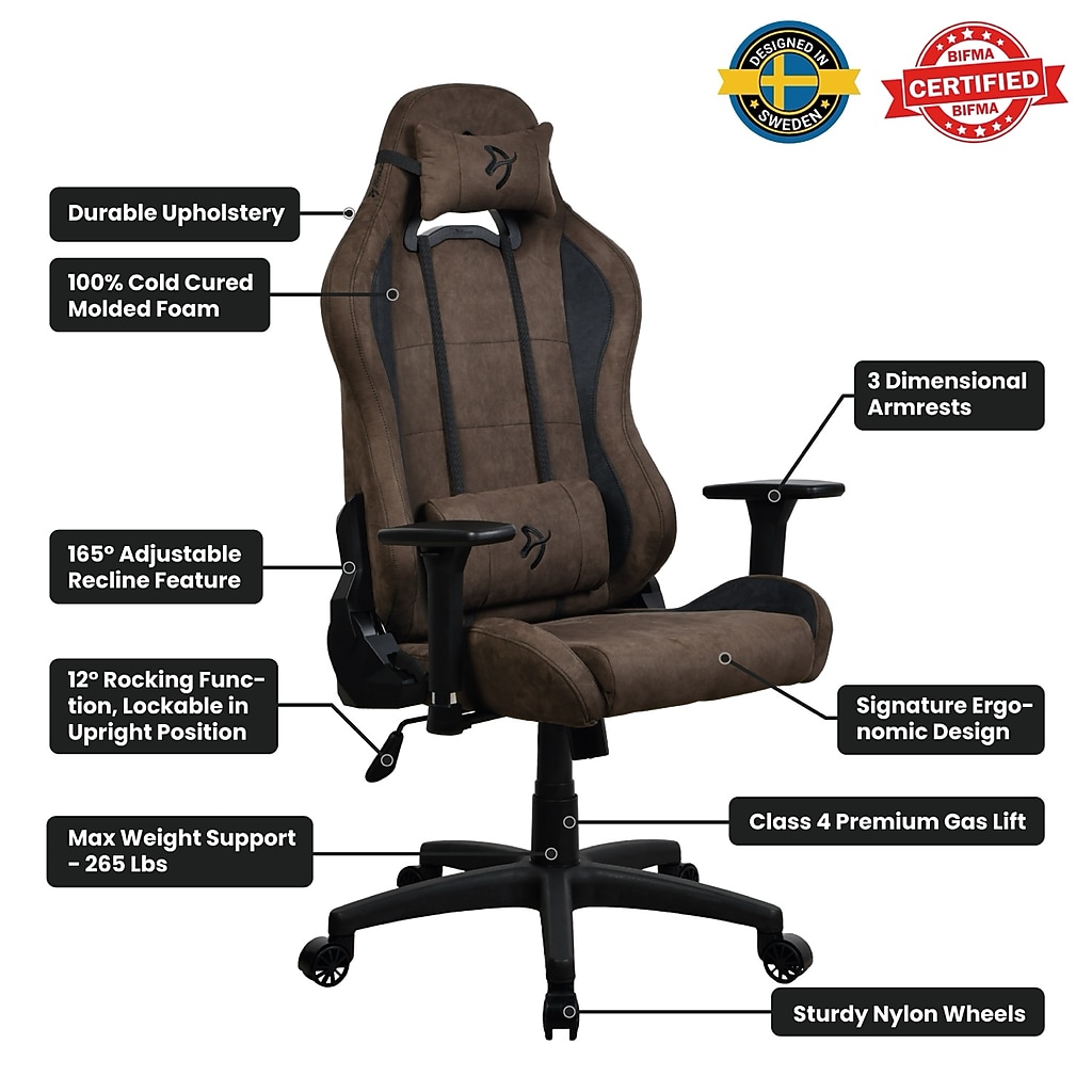 Diagram annotations showing features of the Arozzi Torretta chair including recline, armrests, gas lift, and wheels