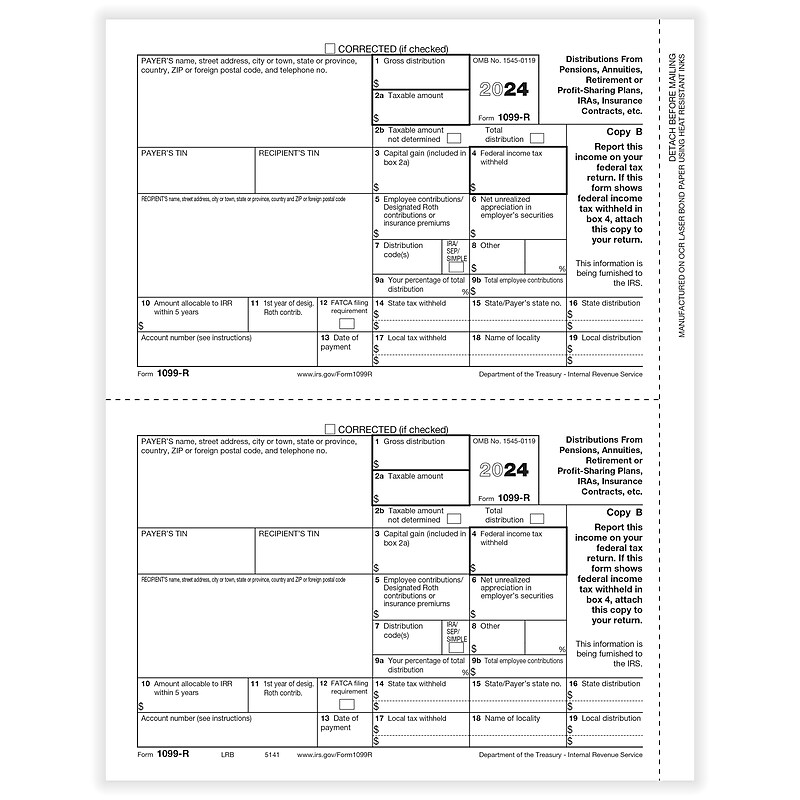 ComplyRight 2024 1099-R Tax Form, 1-Part, 2-Up, Recipient Copy B, 50/Pack (514150) image 1