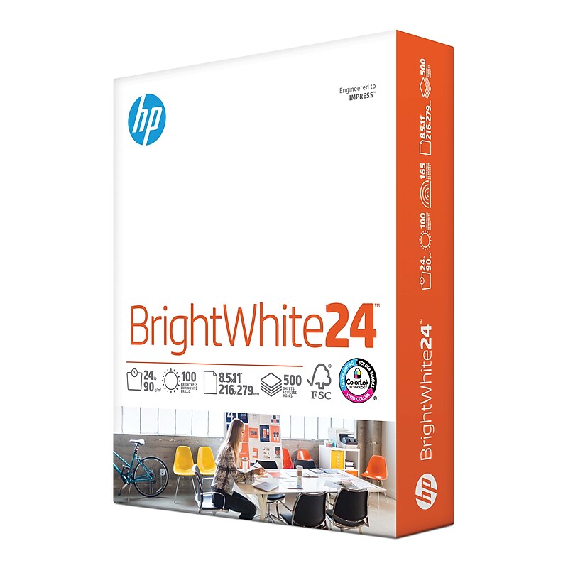 HP BrightWhite24 8.5" x 11" Inkjet Paper, 24 lbs., 100 Brightness, 500 Sheets/Ream (HPB1124) image 1