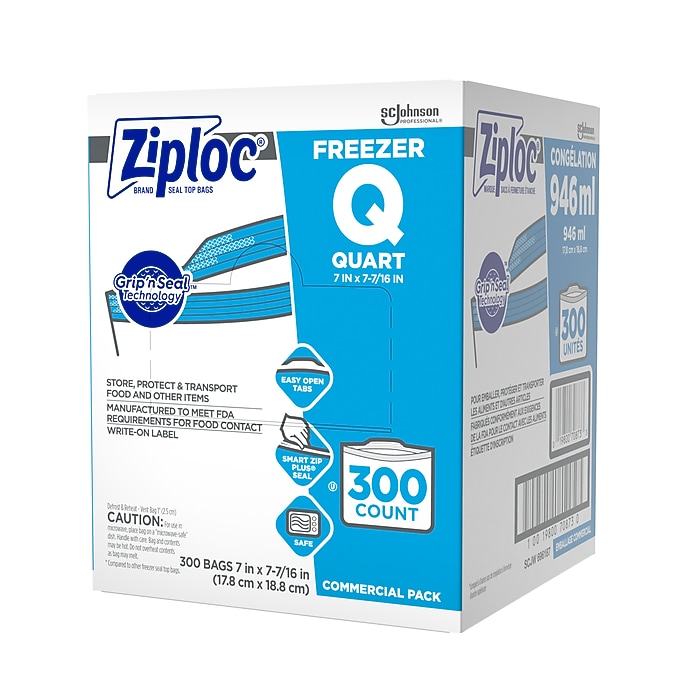 Ziploc Double Zipper Freezer Storage Bags, Quart, 300 Bags/Carton