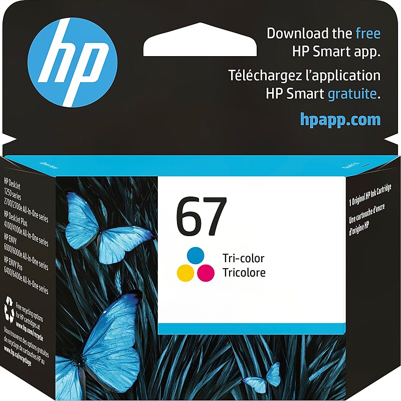 HP 67 Tri-Color Standard Yield Ink Cartridge, Prints Up to 100 Pages (3YM55AN#140) image 1