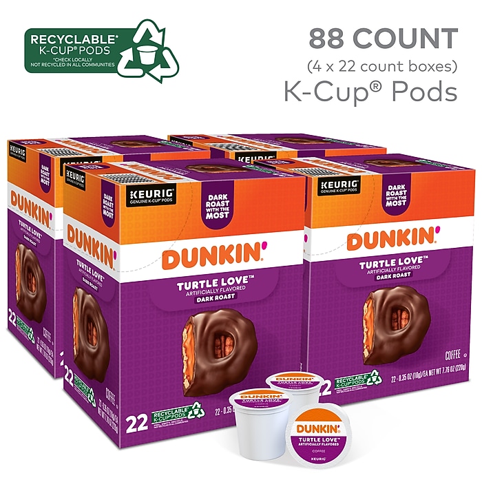 Dunkin' Turtle Love Coffee, Keurig K-Cup Pod, Dark Roast, 22/Box, 4  Boxes/Carton (5000367615CT) | Staples