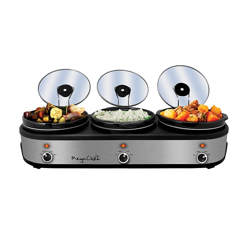MegaChef Triple 2.5 Quart Slow Cooker, Brushed Silver (938109458M) image 1