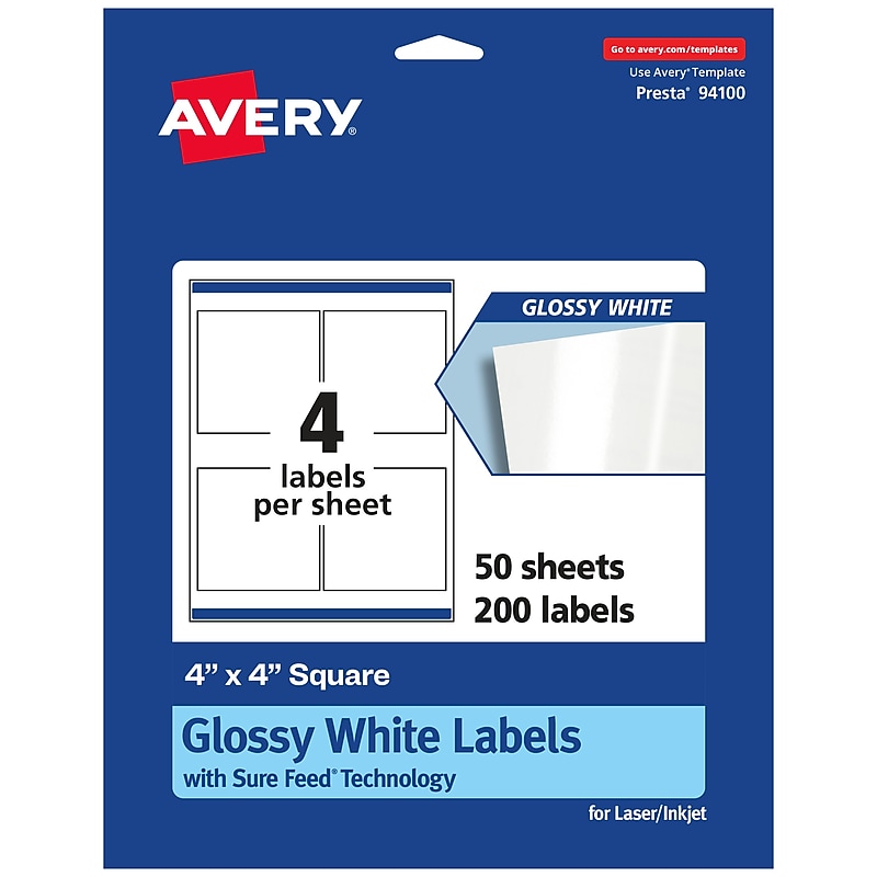 Avery Laser/Inkjet Square Multipurpose Labels, 4" x 4", Glossy White, 200 Labels/Box (94100) image 1