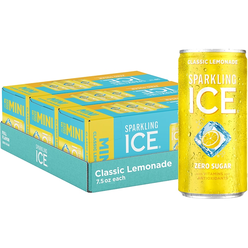 Sparkling Ice Mini Classic Lemonade Flavored Sparkling Water, 7.5 fl. oz., 10 Cans/Pack, 3 Packs/Carton (FG00618) image 1