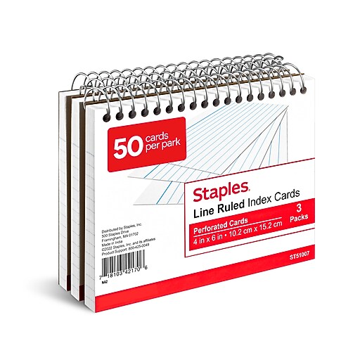 Staples 4" x 6" Index Cards, Lined, White, 50 Cards/Pack, 3 Packs/Carton  (TR51007) | Staples