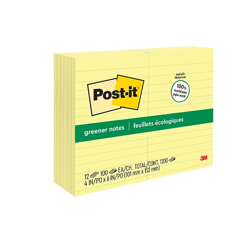 Post-it Greener Recycled Notes, 4" x 6", Canary Collection, Lined, 100 Sheet/Pad, 12 Pads/Pack (660RPYW) image 1