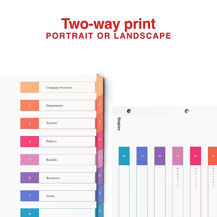 Staples Customizable Table of Contents Numeric Dividers, 8-Tabs, 6