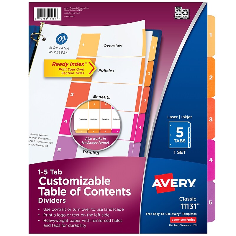Avery Ready Index Table of Contents Pre-Printed Numeric Paper Divider, 5 Tabs, Multicolored (11131) image 1
