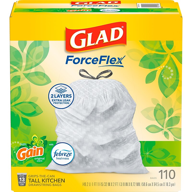 Glad ForceFlex Tall 13 Gallon Kitchen Drawstring White Trash Bags, 110/Box (79098) image 1