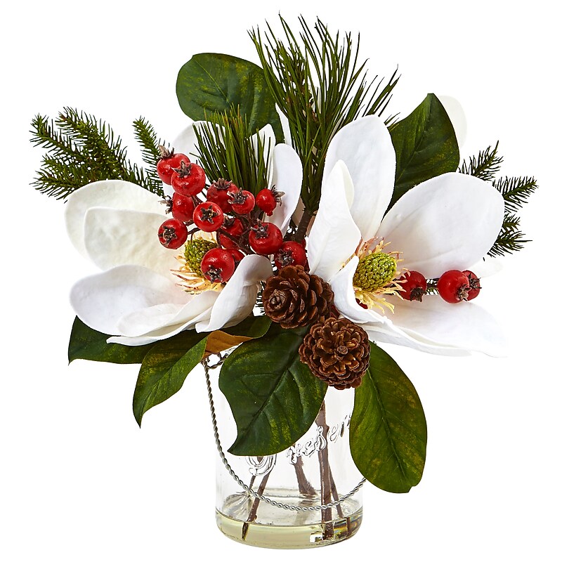 Nearly Natural Magnolia, Pine, and Berry Holiday Arrangement in Glass Vase (4548) image 1