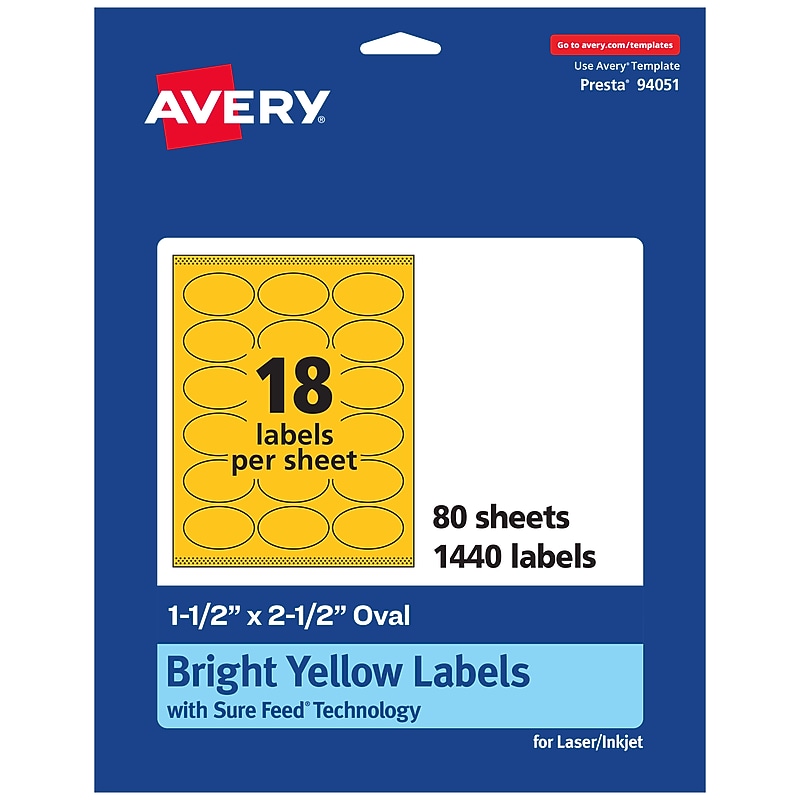 Avery Laser/Inkjet Oval Multipurpose Labels, 1.5" x 2.5", Bright Yellow, 1440/Box (94051) image 1
