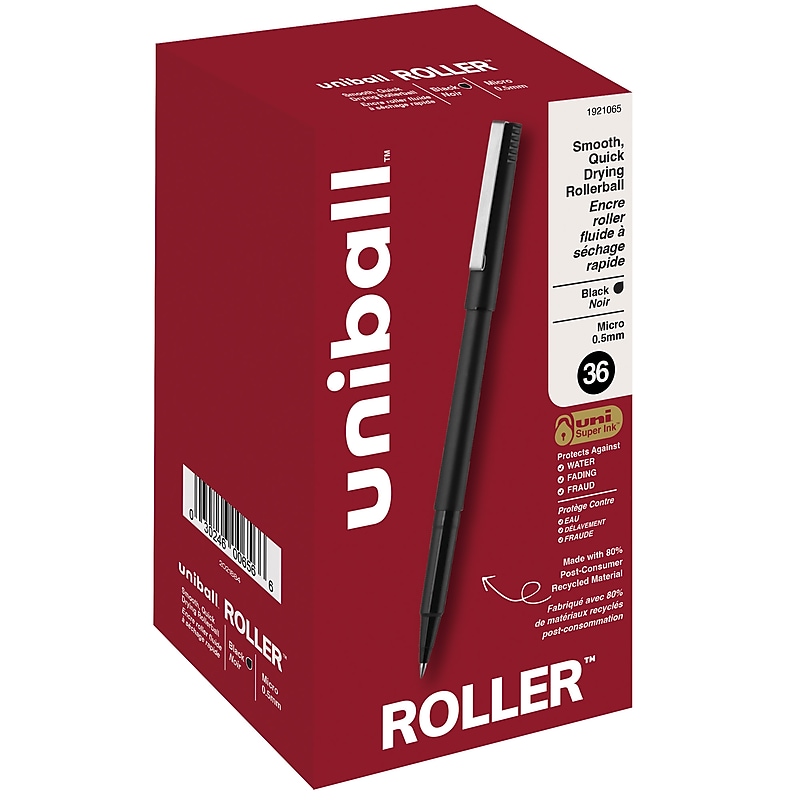 uni-ball Roller Rollerball Pens, Micro Point, 0.5mm, Black Ink, 36/Pack (1921065) image 1