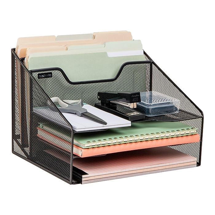Black Mesh File Holder - 3 Compartment Desk Document Organizer