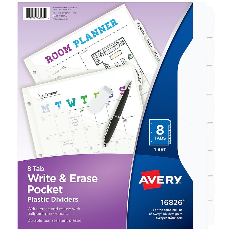Durable Write & Erase Plastic Dividers with Pocket, 8-Tab, White, 1 Set (16826) image 1