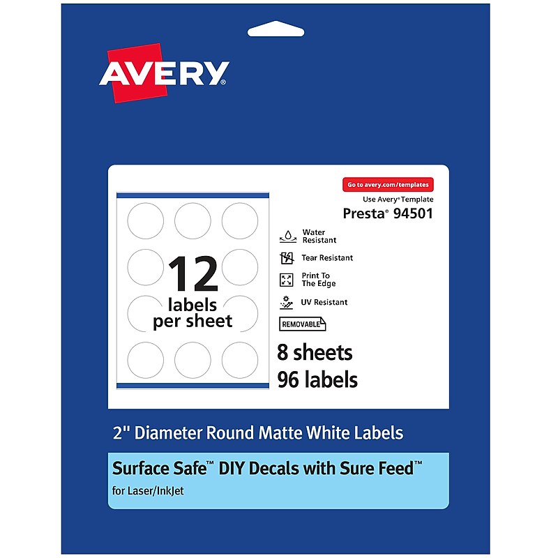 Avery Laser/Inkjet Round Multipurpose Labels, 2" Dia, 96 Labels/Pack (94501) image 1