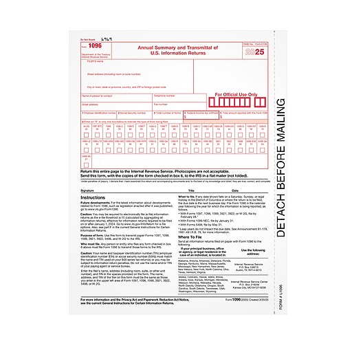 Adams 2025 1096 Tax Form, 1-Part, 25/Pack (L109625) | Staples