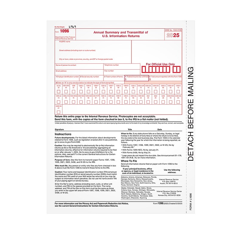Adams Employee's Copies Cut Sheet 2025 1096 Tax Form, 1-Part, 25/Pack (L109625) image 1