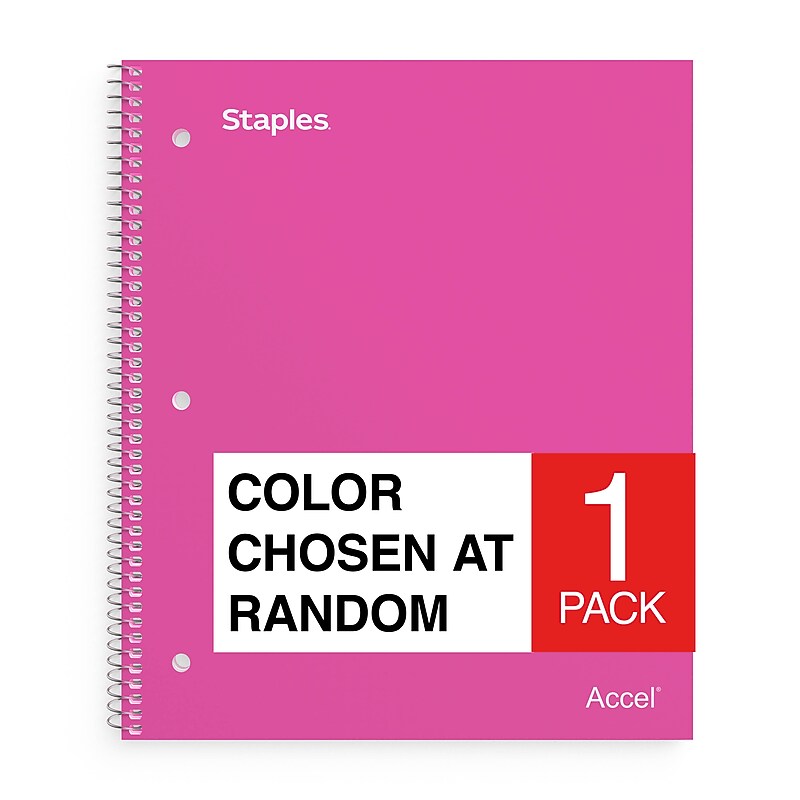 Staples 1-Subject Notebook, 8" x 10.5", Wide Ruled, 100 Sheets, Color chosen at random (ST60567C) image 1