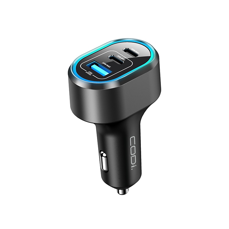 CODi 65W Triple Car Charger, USB-A & USB-C Outputs, Black (A01111) image 1