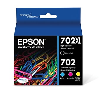 Epson T702XL/T702 Black High Yield and Cyan/Magenta/Yellow Standard Yield Ink Cartridge, 4/Pack (T702XL-BCS)