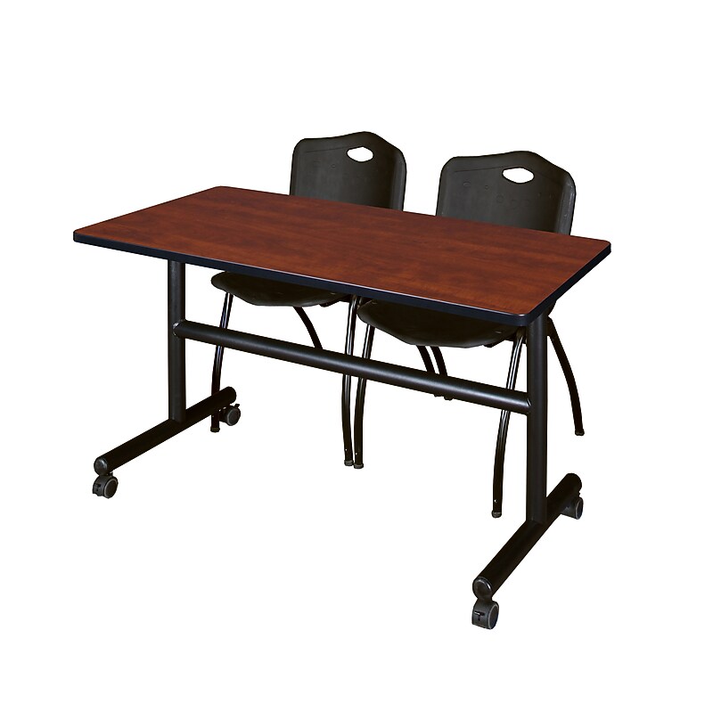Regency Kobe 48" Flip Top Mobile Training Table- Cherry & 2 'M' Stack Chairs- Black image 1