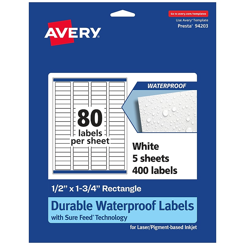 Avery Laser/Inkjet Rectangle Multipurpose Labels, 0.5" x 1.75", White, 400 Labels/Pack (94203) image 1