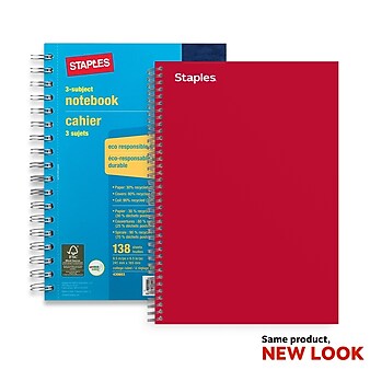 Staples 3-Subject Notebook, 6.5" x 9.5", 138 Sheets, College Ruled, Assorted Colors (83360/83344)